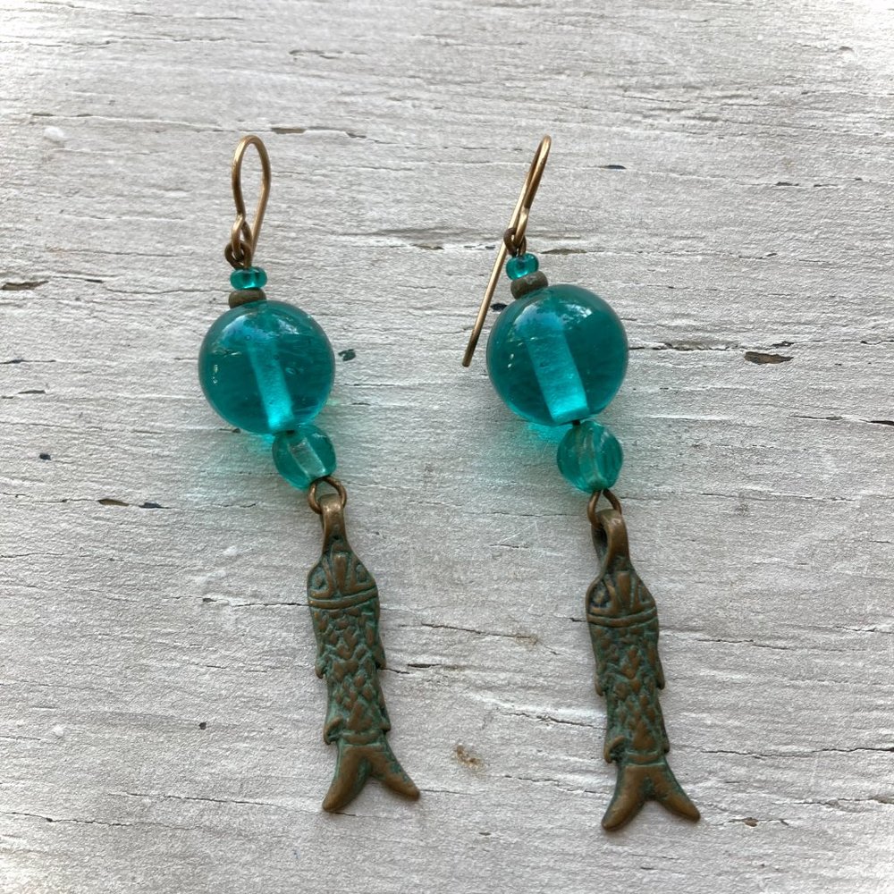 Brass Fish and Aqua glass dangle earrings, HANDMADE